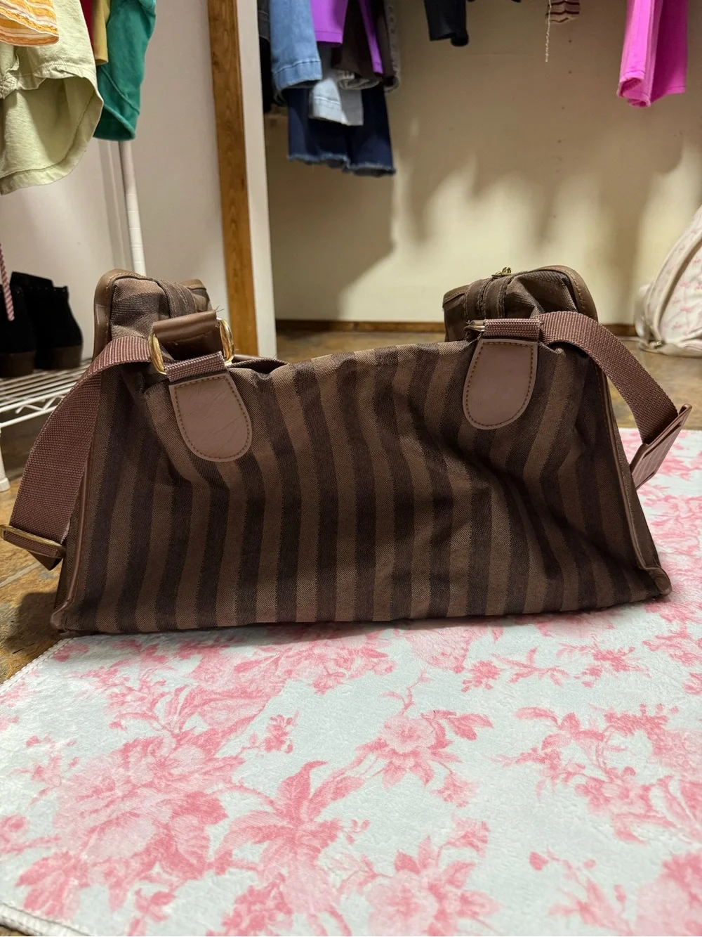 Vintage Destination Brown Striped Weekender Duffel Travel Bag w/ Shoulder Strap